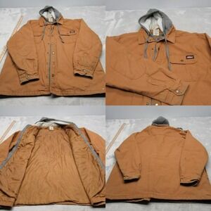 Dickies Jacket Mens 2XL‎ Brown Quilted Lined Canvas Work Hooded Button Zip Read